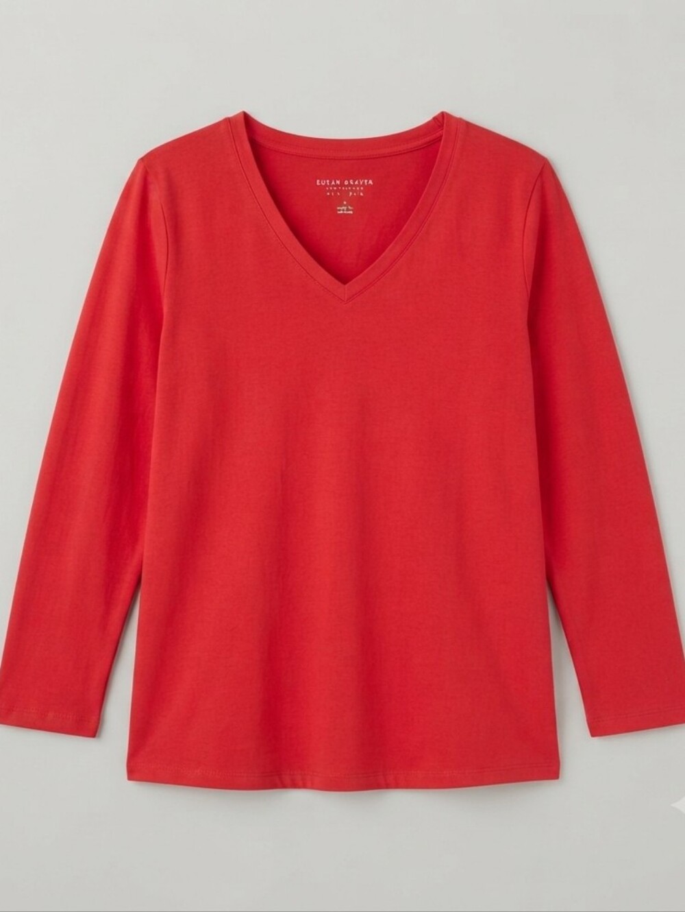 Susan Graver Weekend Cotton Essentials Red V-Neck 3/4 Sleeve Top Size L